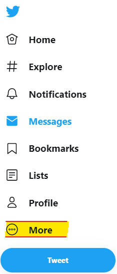 Twitter Main Menu, choose the menu option for More