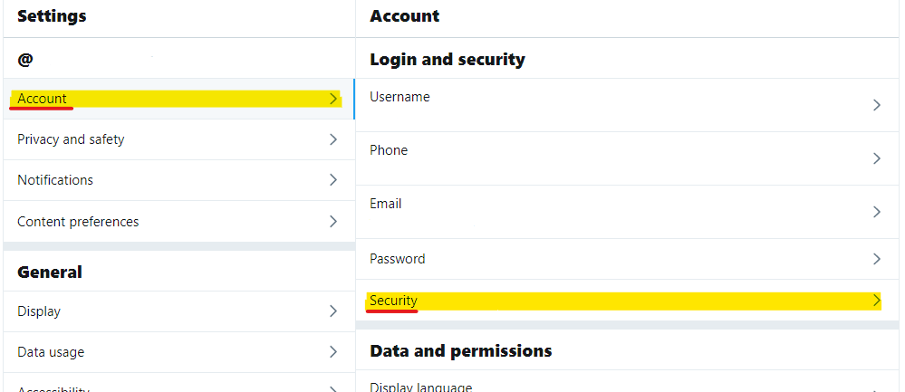 Twitter Menu 3 - Choose Account on left and Security on right