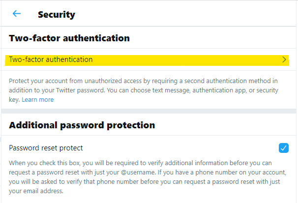 Twitter Security Menu, choose two-factor authentication