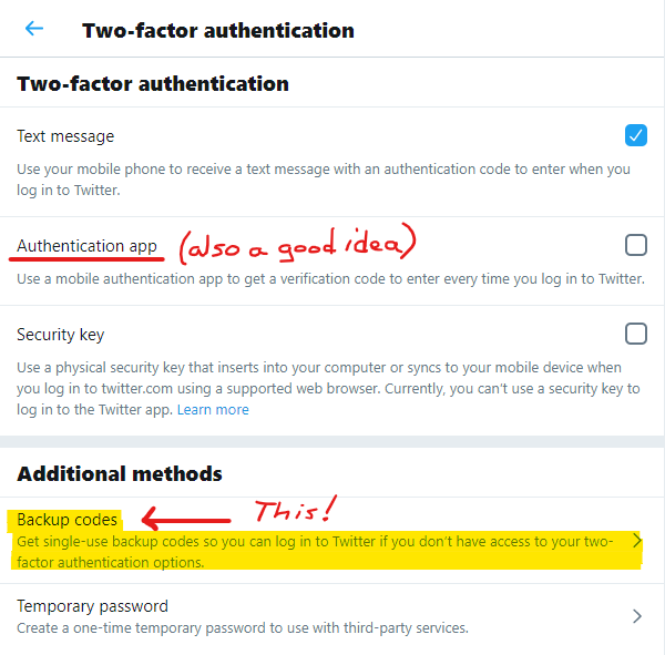 Twitter Two-factor authentication menu