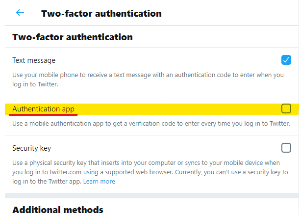 Twitter Two-factor authentication menu select Authentication App